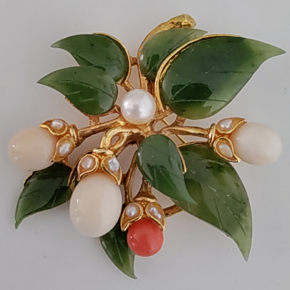 Vintage Swoboda Semi-Precious Jade Pearl and Coral Gold Plated Floral Brooch